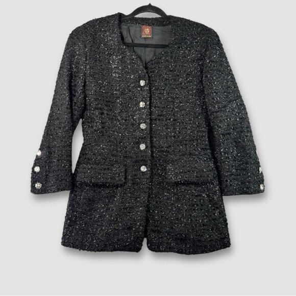 Vintage Anne Klein Black 80s 90s Metallic Embellished Wool Blend Blazer Size 10 - Picture 1 of 16
